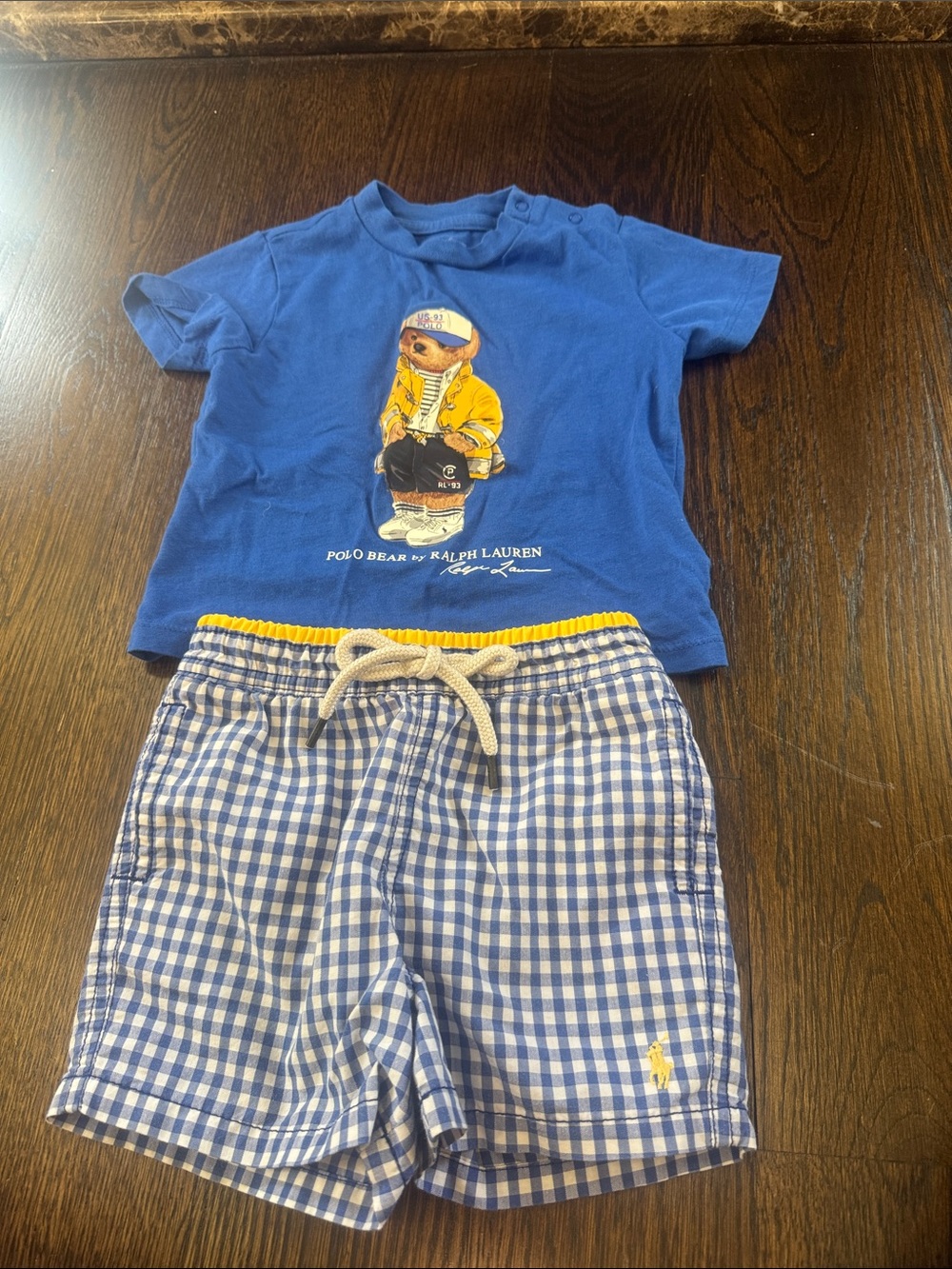 Ralph Lauren Blue swim Shorts with Yellow- Kids w matching teddy Bear shirt